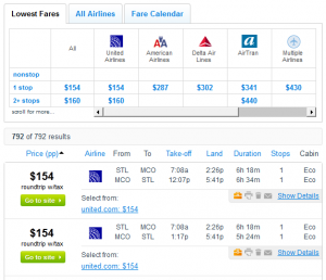 Fly.com Search Results: $154-$156 -- St. Louis to Orlando (Roundtrip including taxes)