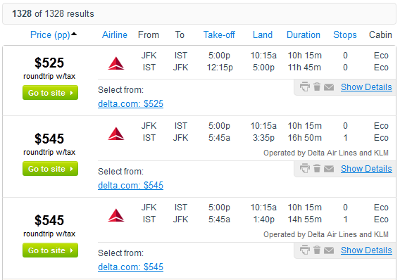 Fly.com Search Results - $525 Roundtrip including Taxes, New York City to Istanbul