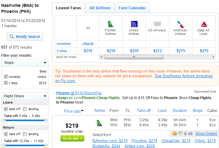Nashville to Phoenix: Fly.com Results Page