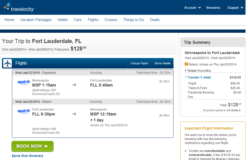 Travelocity Booking Page: Minneapolis to Ft. Lauderdale