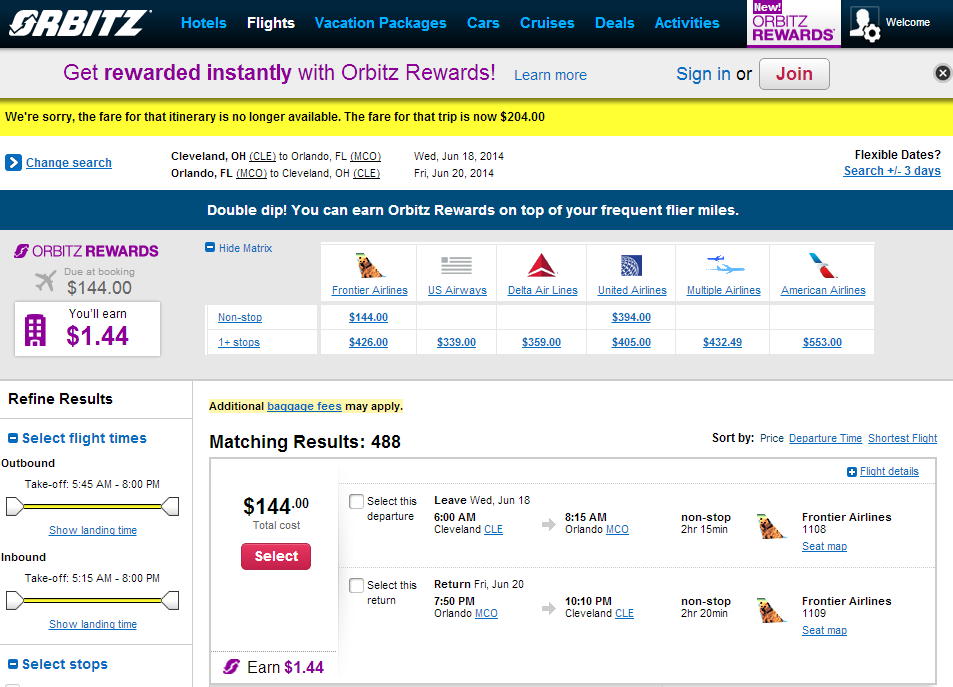 Orbitz Booking Page: CLE to MCO 