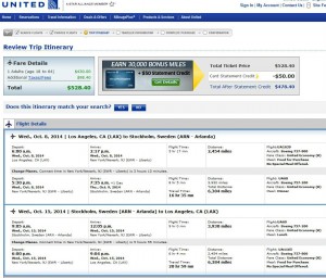 Los Angeles to Stockholm: UA Booking Page