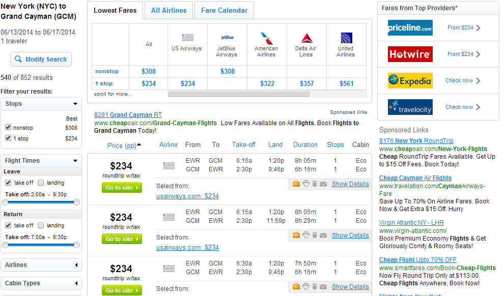 Fly.com Results Page: NYC to GCM