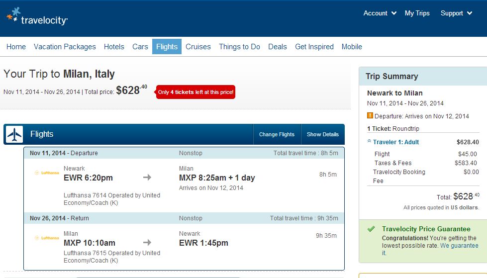 Travelocity Booking Page: NYC to Milan