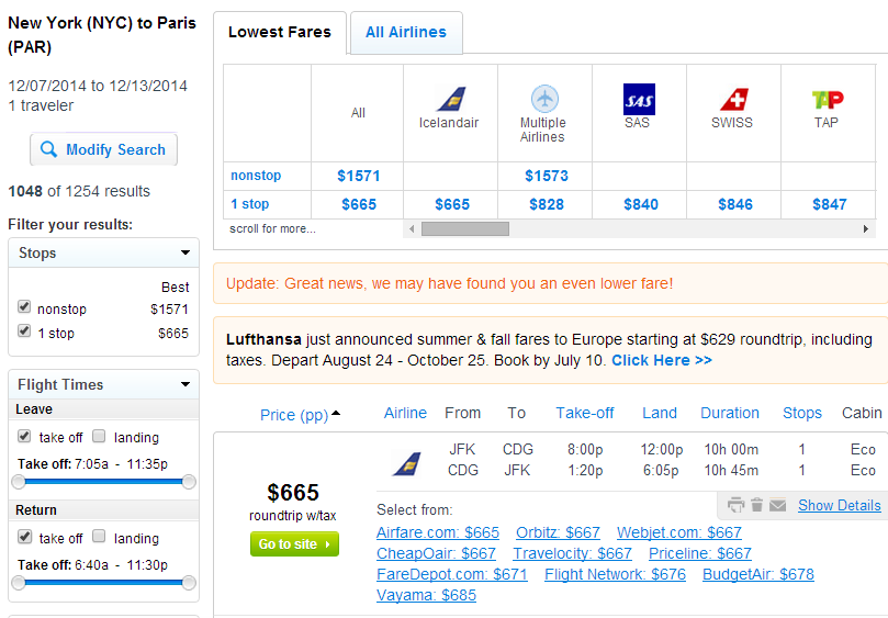 Fly.com results Page: NYC to Paris