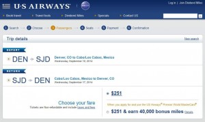 Denver-Los Cabos: US Airways Booking Page