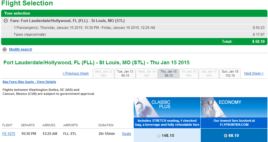 Frontier Results Page: Fort Lauderdale to St Louis