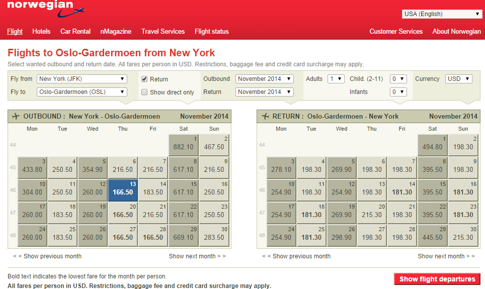 Norwegian Shuttle Calendar Page: NYC to Oslo