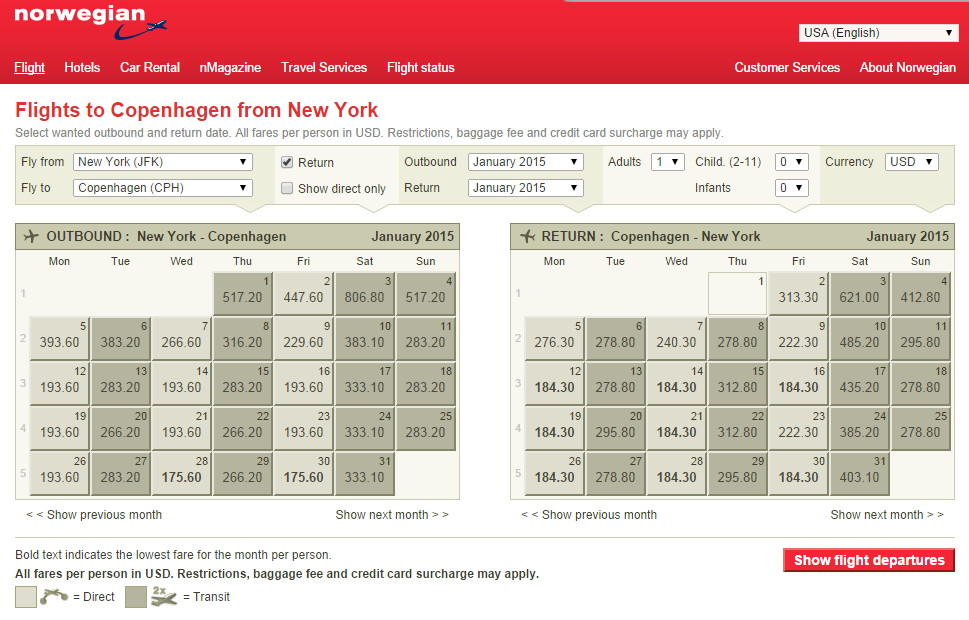 Norwegian Shuttle Calendar Page: NYC to Copenhagen 