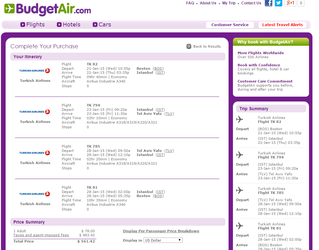 BudgetAir Booking Page: Boston to Tel Aviv