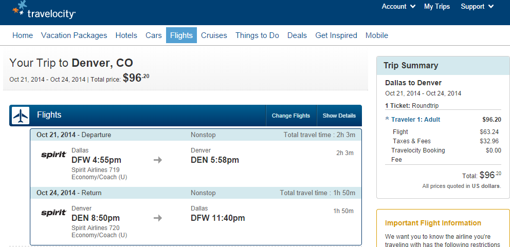 Travelocity Booking Page: Dallas to Denver