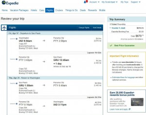 D.C.-Sao Paolo: Expedia Booking Page