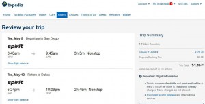 Dallas-San Diego: Expedia Booking Page