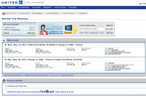 Dallas to Chicago: United Booking Page