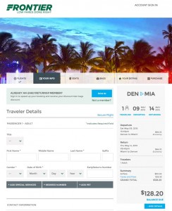 Denver to Miami: Frontier Booking Page