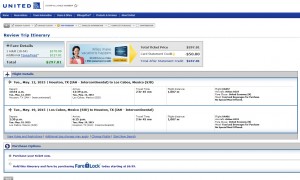 Houston to Los Cabos: United Booking Page