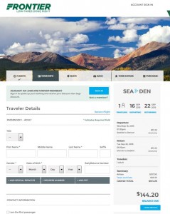 Seattle to Denver: Frontier Booking Page