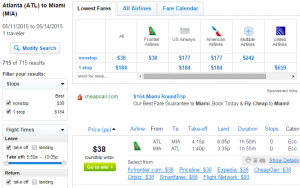 Atlanta to Miami: Fly.com Results Page