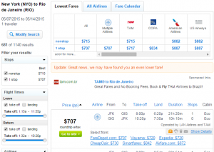 NYC to Rio: Fly.com Results Page