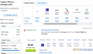 Tampa to Chicago: Fly.com Results Page