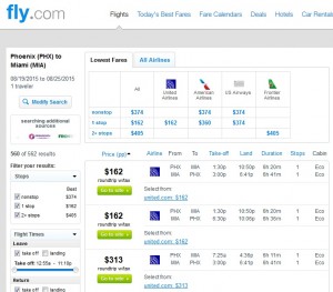 Phoenix to Miami: Fly.com Results