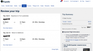 Baltimore to Fort Lauderdale: Expedia Booking Page