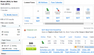 Miami to New York City: Fly.com Results Page