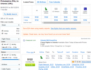 Philly to Orlando: Fly.com Results Page