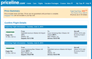 Atlanta to New Orleans: Priceline Booking Page