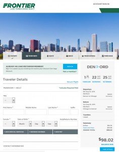 Denver to Chicago: Frontier Booking Page