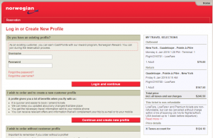 NYC to Guadeloupe: Norwegian Air Shuttle Booking Page