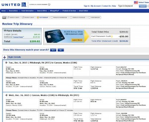 Pittsburgh-Cancun: United Booking Page