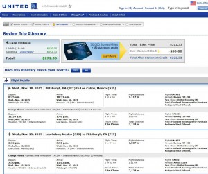 Pittsburgh-Los Cabos: United Booking Page