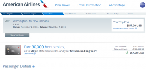 D.C. to New Orleans: American Airlines Booking Page