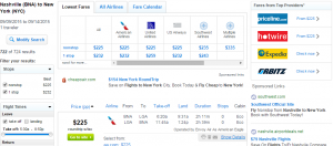 Nashville to NYC: Fly.com Results Page