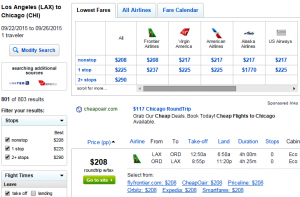 LA to Chicago: Fly.com Results Page