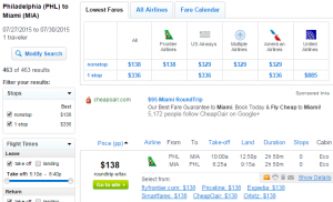 Philly to Miami: Fly.com Results Page