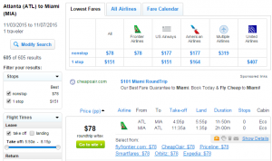Atlanta to Miami: Fly.com Results Page