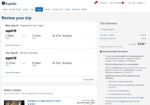 Chicago to Las Vegas: Expedia Booking Page