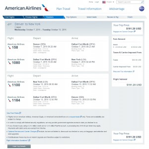 Denver to New York City: AA Booking Page