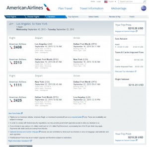 Los Angeles to New York City: AA Booking Page
