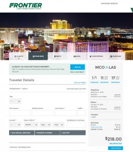Orlando to Las Vegas: Frontier Booking Page