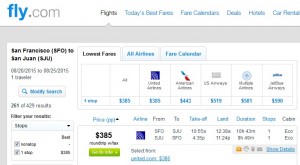 San Francisco to San Juan, Puerto Rico: Fly.com Results