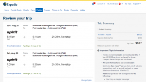 Baltimore to Ft Lauderdale: Expedia Booking Page