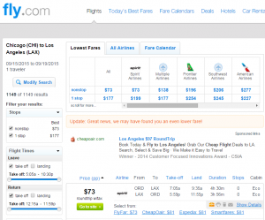 Chicago to LA: Fly.com Results Page