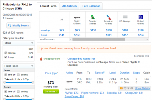 Philly to Chicago: Fly.com Results Page