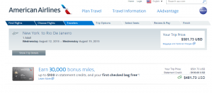 NYC to Rio: American Airlines Booking Page