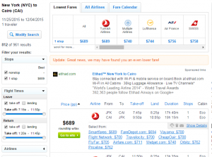 NYC to Cairo: Fly.com Results Page