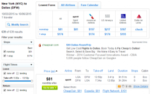 NYC to Dallas: Fly.com Results Page