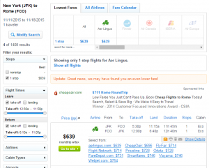 NYC to Rome: Fly.com Results Page